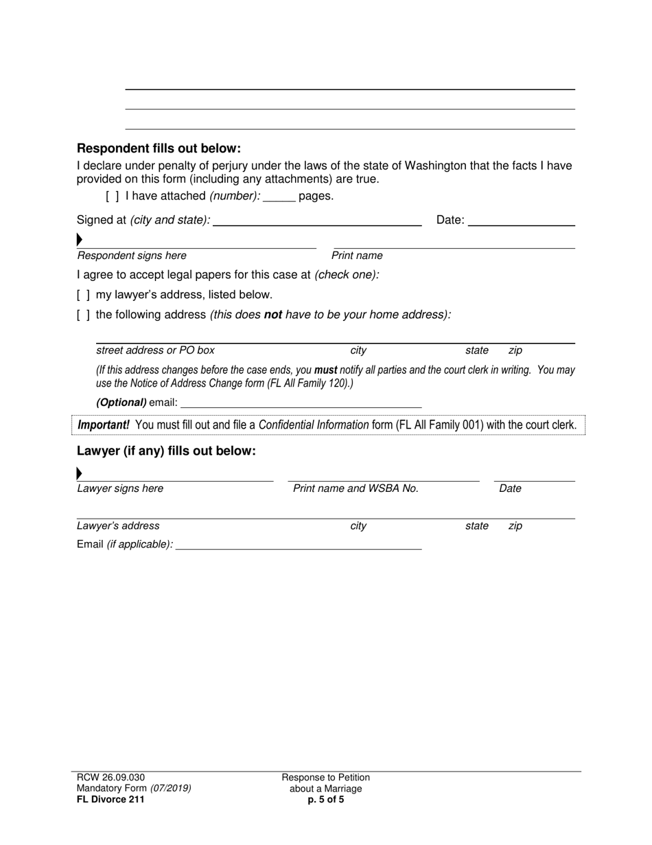 Form FL Divorce211 Response to Petition About a Marriage - Washington, Page 5