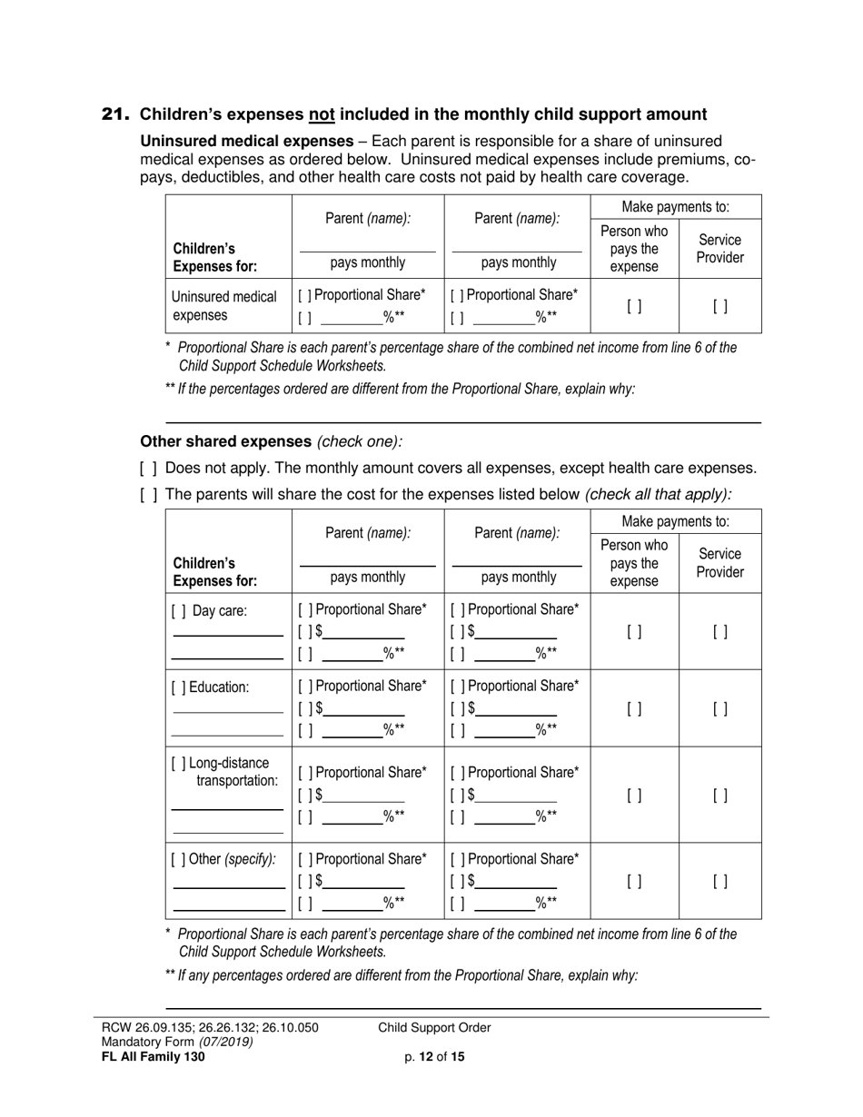 Form FL All Family130 Child Support Order - Washington, Page 12