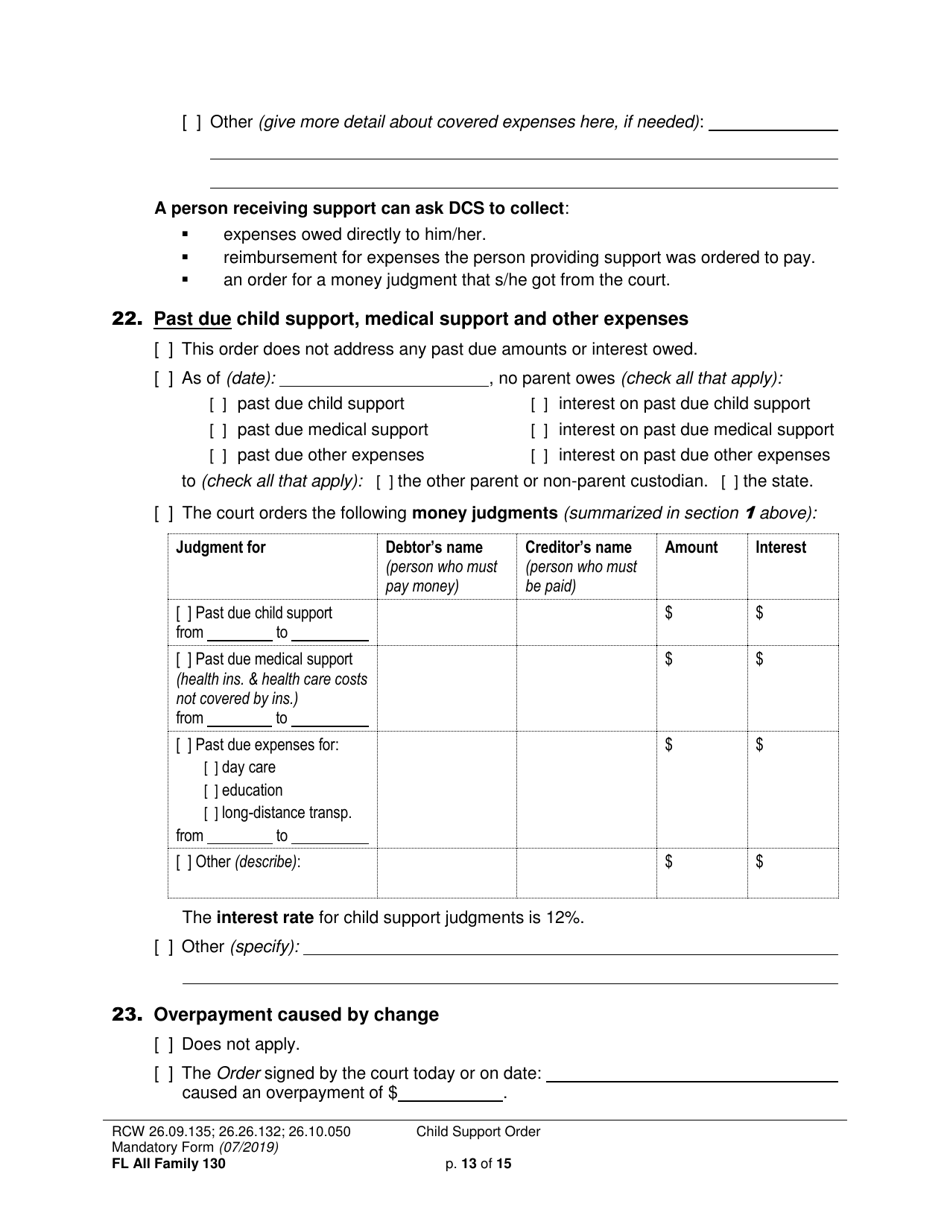 Form FL All Family130 Child Support Order - Washington, Page 13