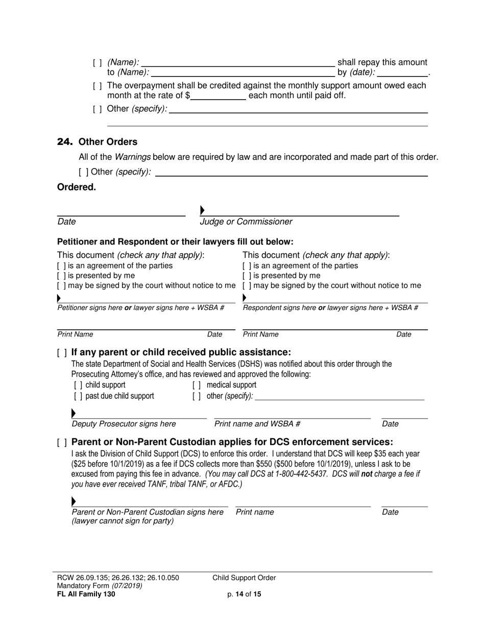 Form FL All Family130 Child Support Order - Washington, Page 14