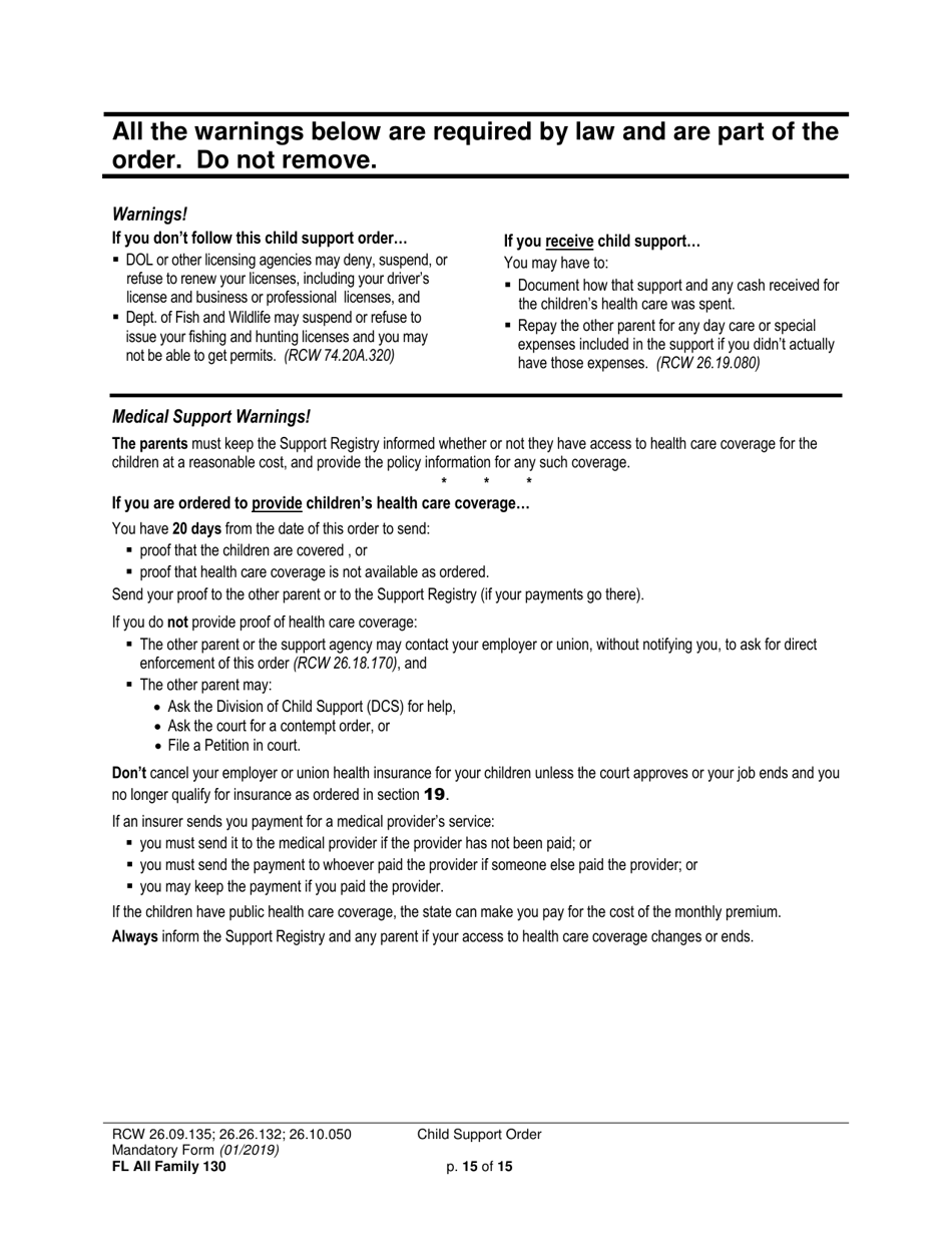 Form FL All Family130 Child Support Order - Washington, Page 15