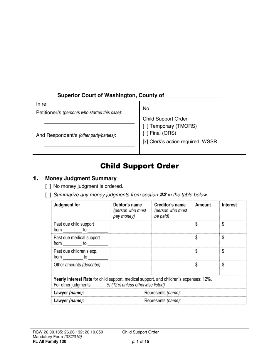 Form FL All Family130 Child Support Order - Washington, Page 1