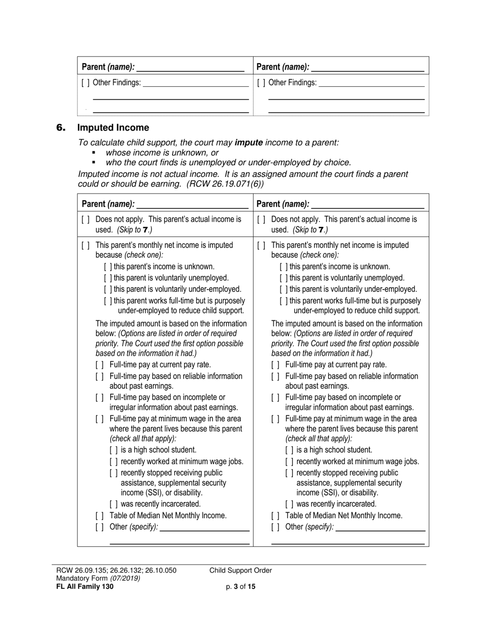 Form FL All Family130 Child Support Order - Washington, Page 3