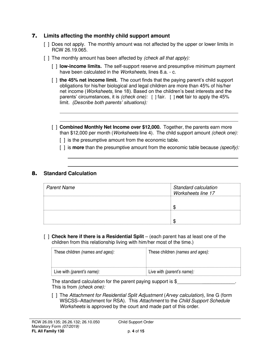 Form FL All Family130 Child Support Order - Washington, Page 4