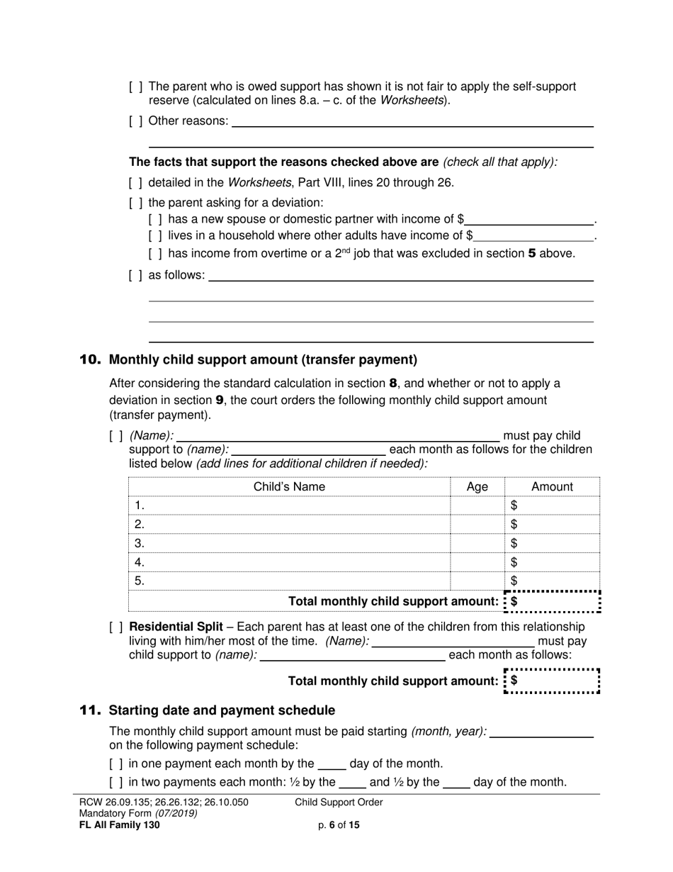Form FL All Family130 Child Support Order - Washington, Page 6
