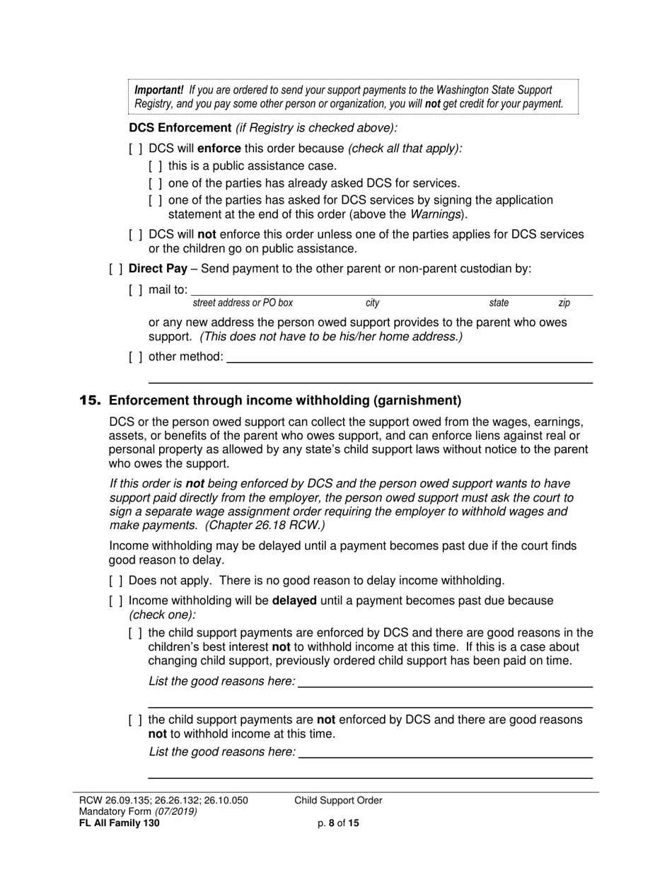 Form FL All Family130 Child Support Order - Washington, Page 8