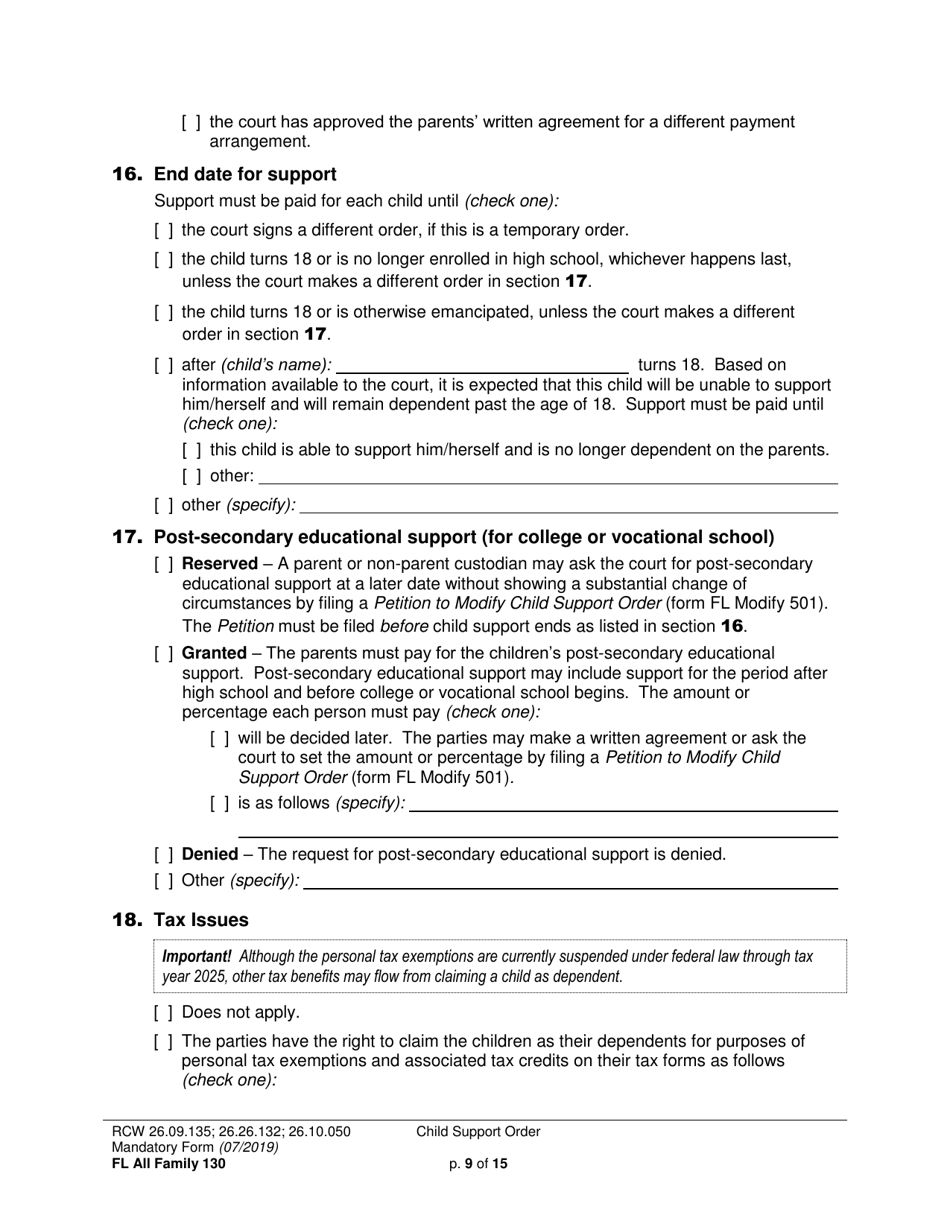 Form FL All Family130 Child Support Order - Washington, Page 9