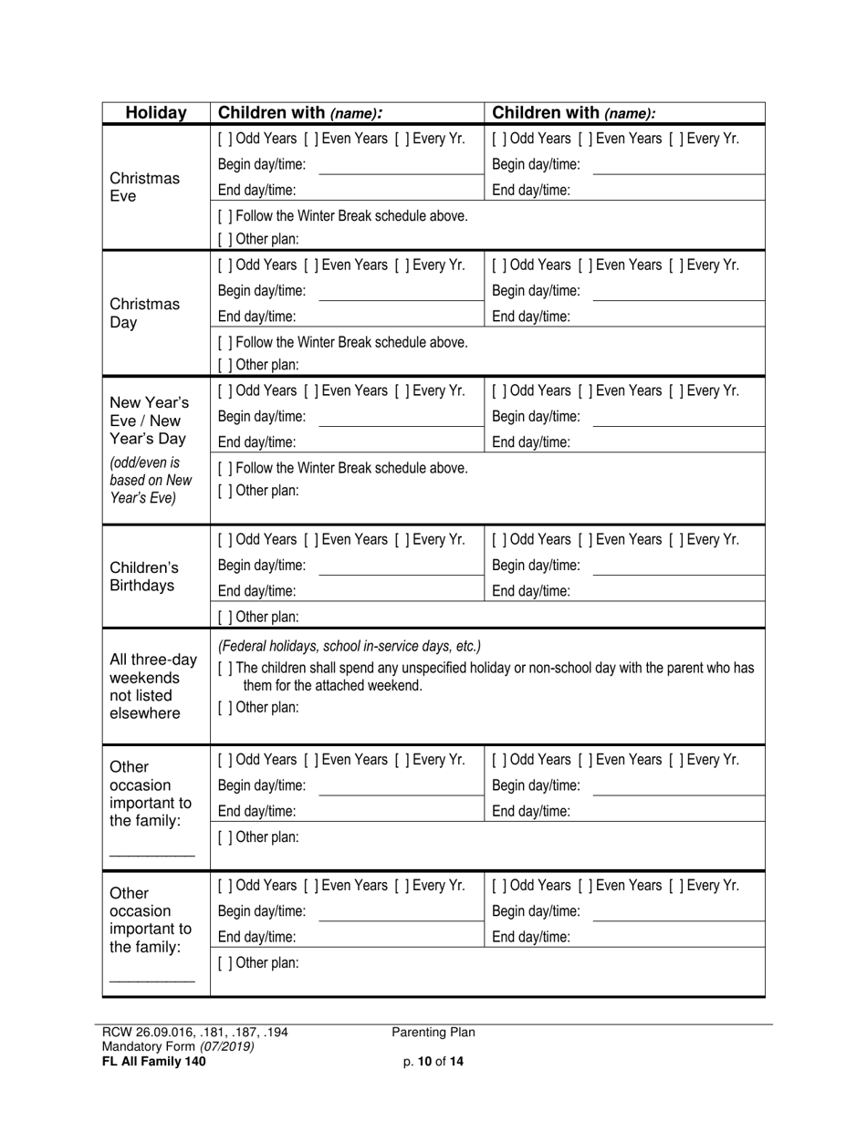 Form FL All Family140 Parenting Plan - Washington, Page 10