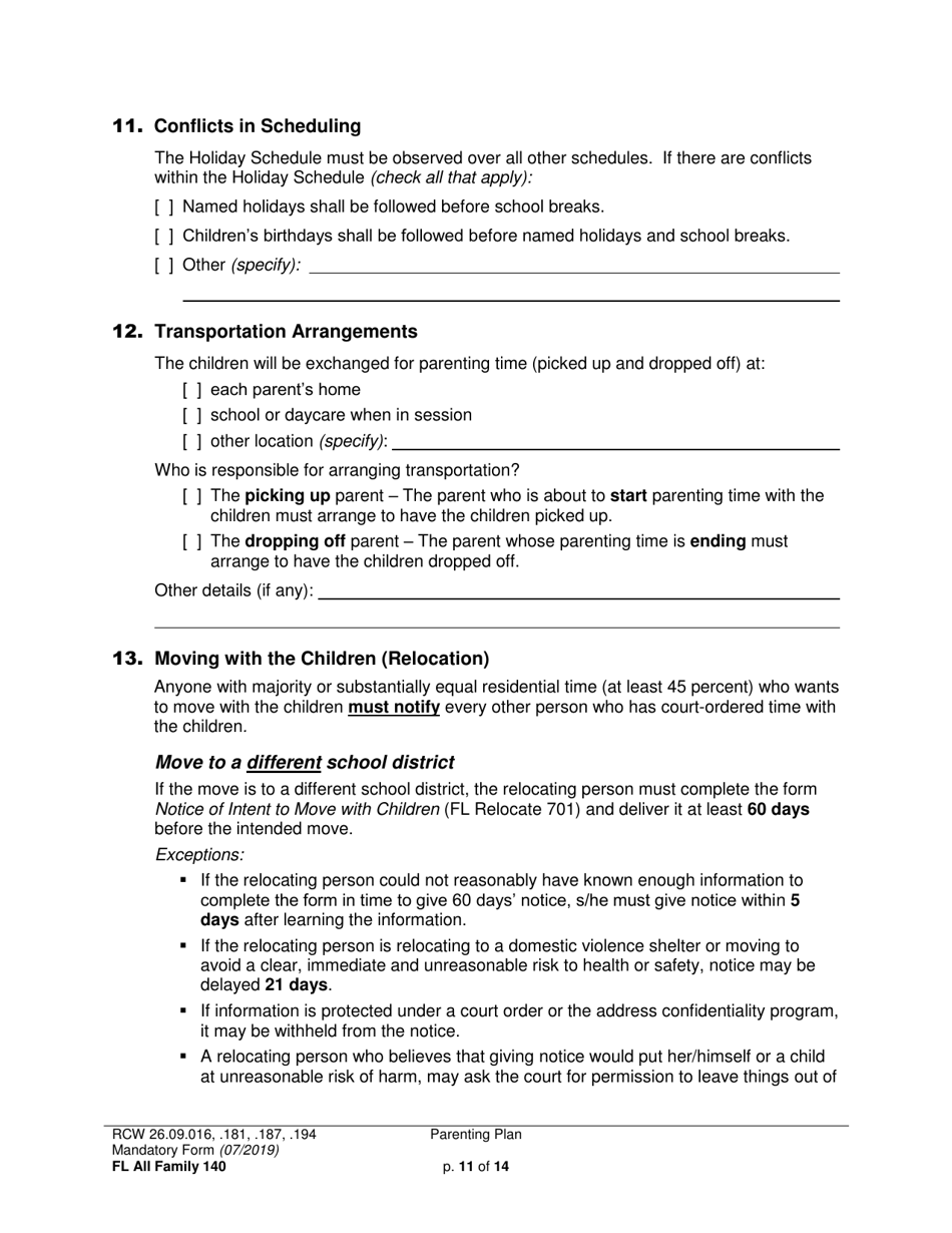 Form FL All Family140 Parenting Plan - Washington, Page 11
