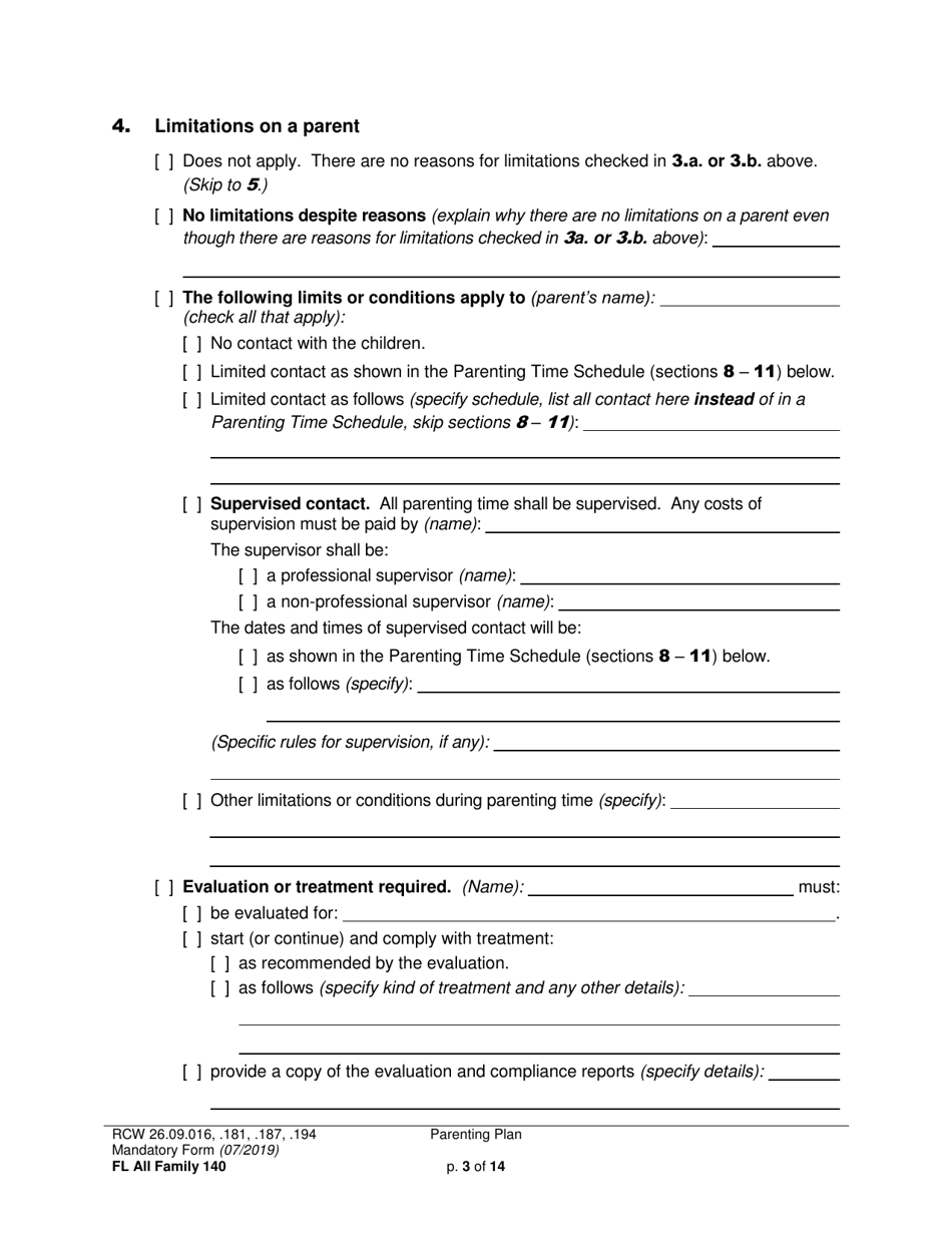 Form FL All Family140 Parenting Plan - Washington, Page 3