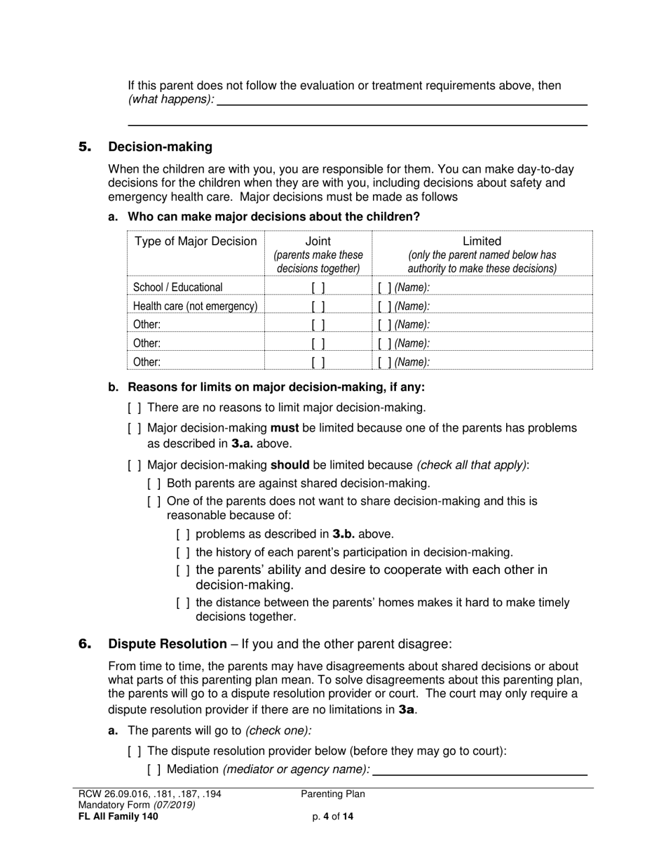 Form FL All Family140 Parenting Plan - Washington, Page 4