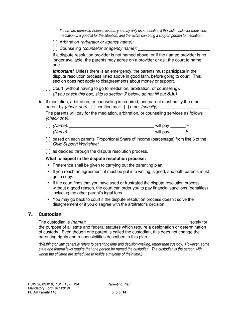 Form FL All Family140 Parenting Plan - Washington, Page 5