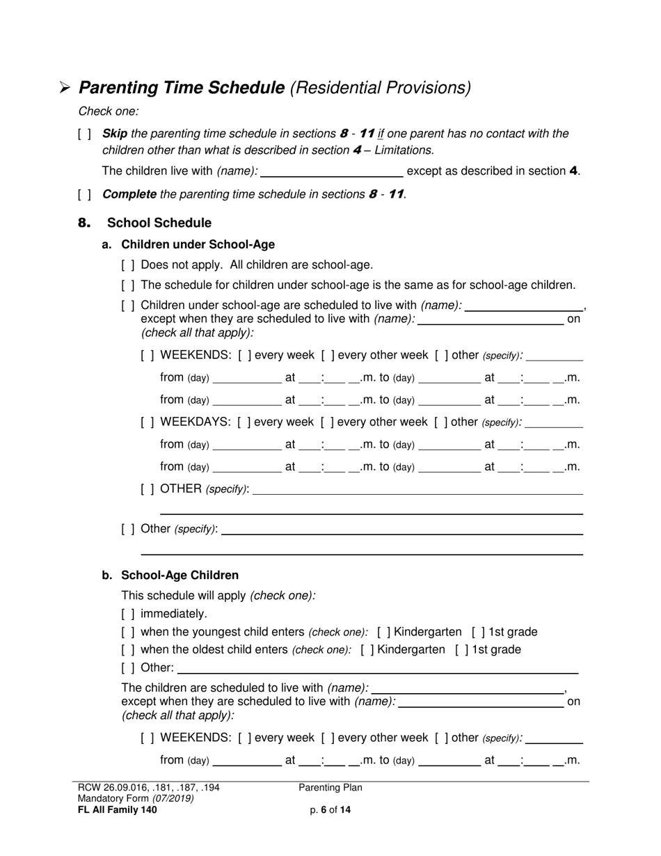 Form FL All Family140 Parenting Plan - Washington, Page 6