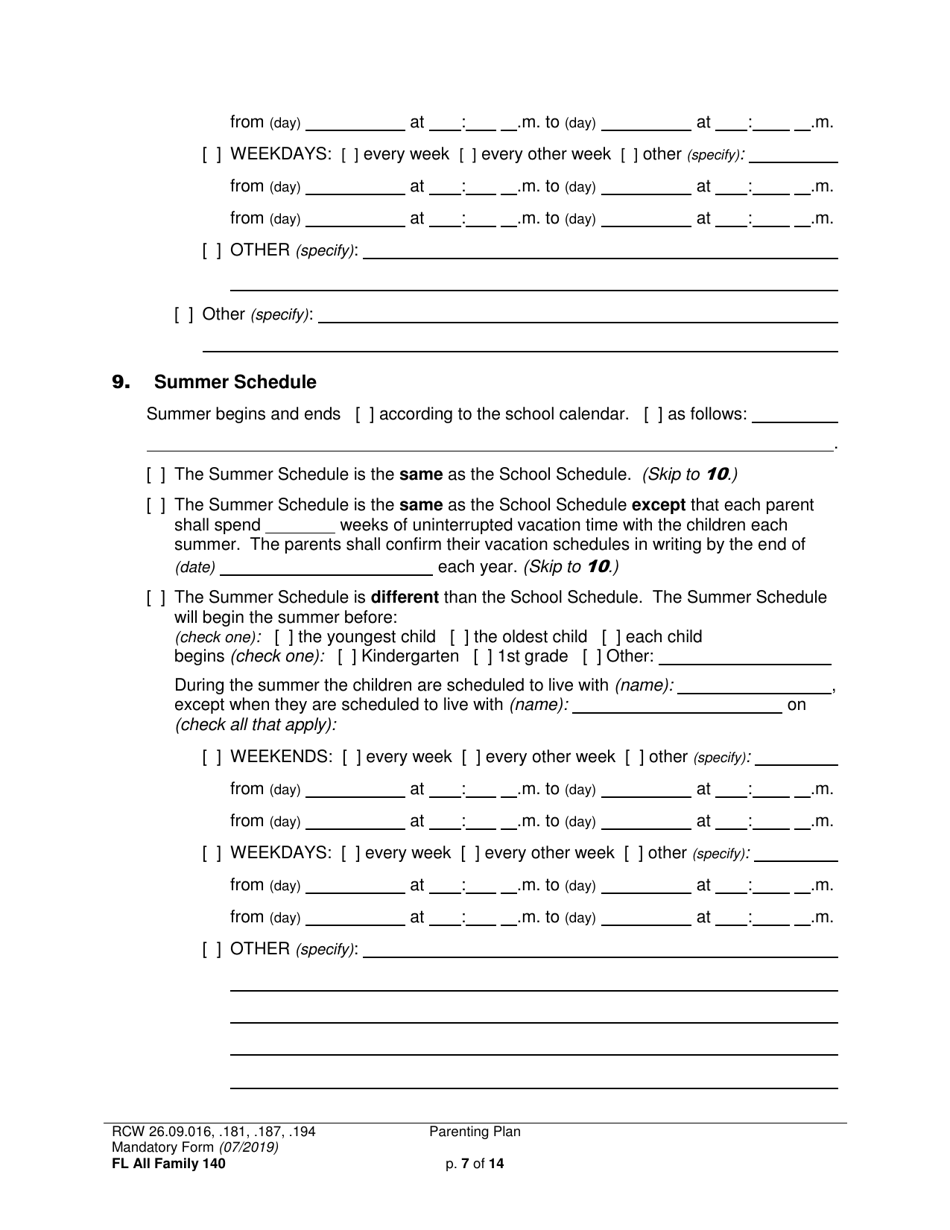 Form FL All Family140 Parenting Plan - Washington, Page 7
