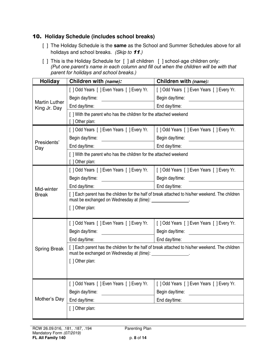 Form FL All Family140 Parenting Plan - Washington, Page 8