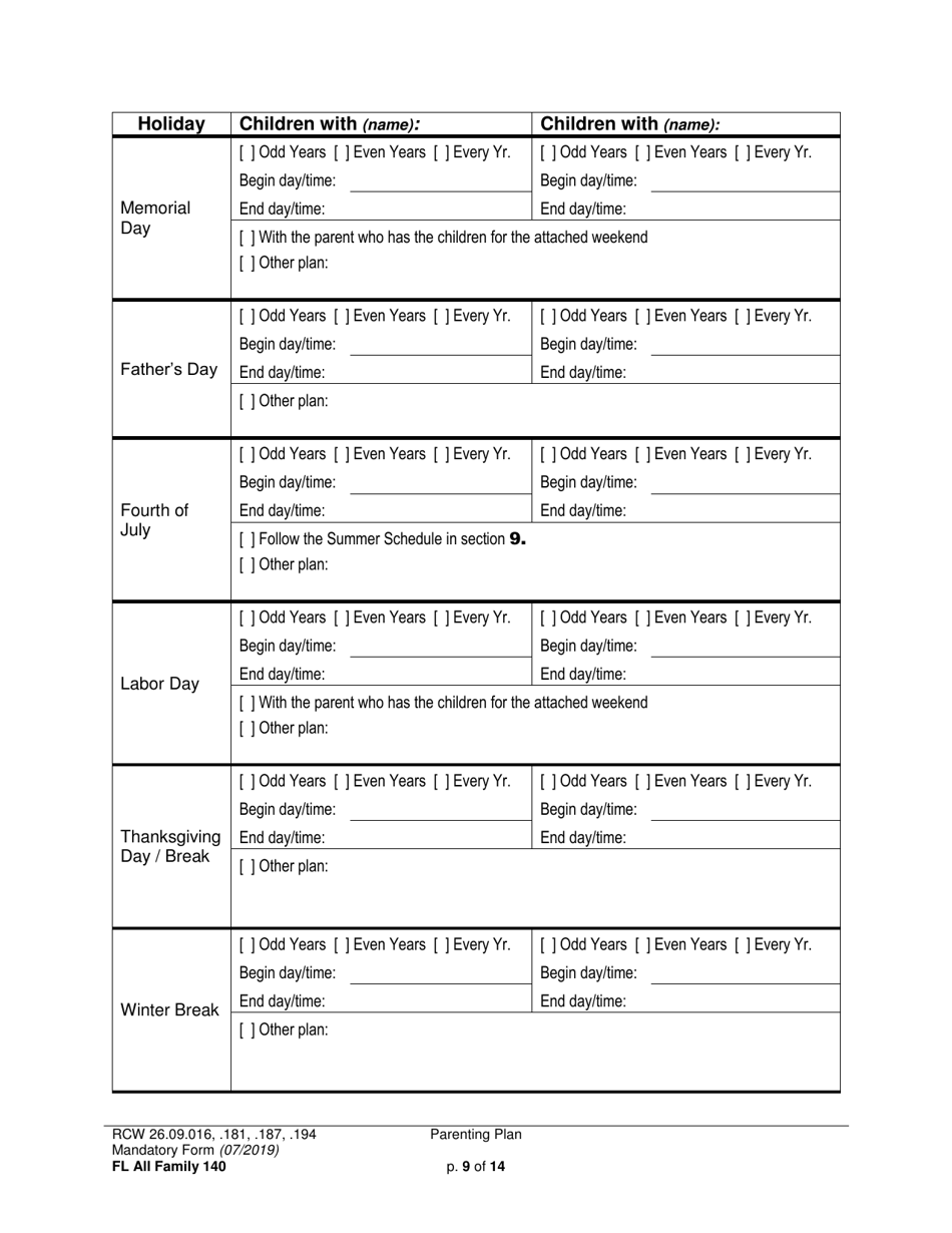 Form FL All Family140 Parenting Plan - Washington, Page 9