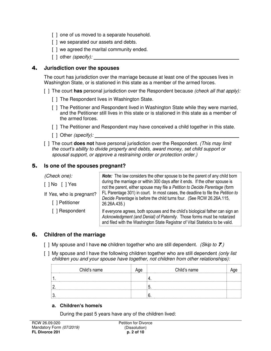 Form FL Divorce201 Petition for Divorce (Dissolution) - Washington, Page 2