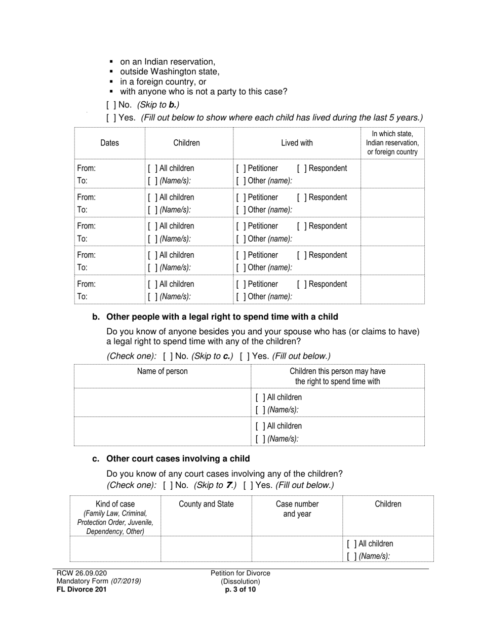 Form FL Divorce201 Petition for Divorce (Dissolution) - Washington, Page 3