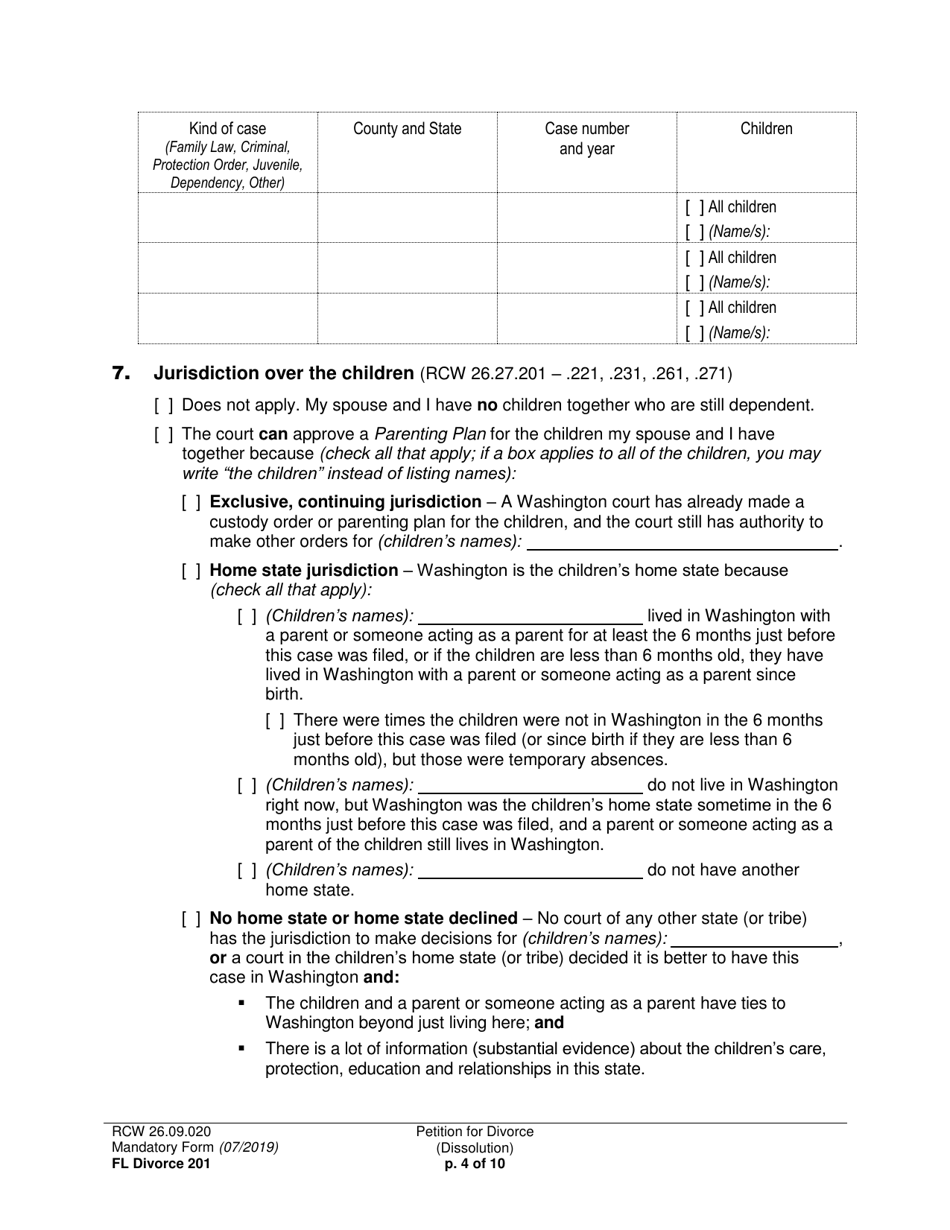 Form FL Divorce201 Petition for Divorce (Dissolution) - Washington, Page 4