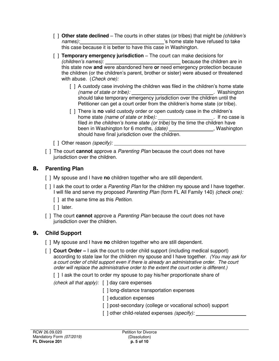 Form FL Divorce201 Petition for Divorce (Dissolution) - Washington, Page 5