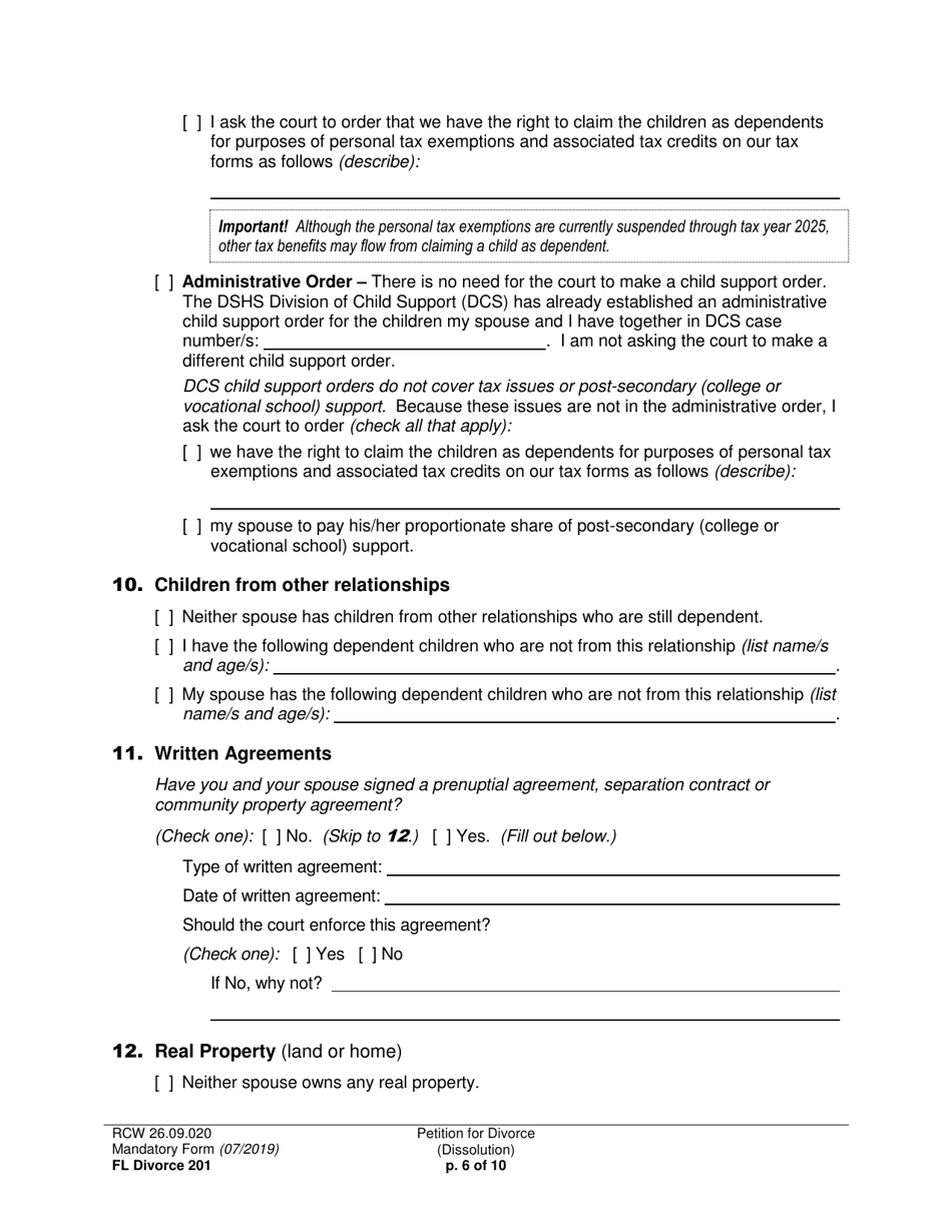 Form FL Divorce201 Petition for Divorce (Dissolution) - Washington, Page 6