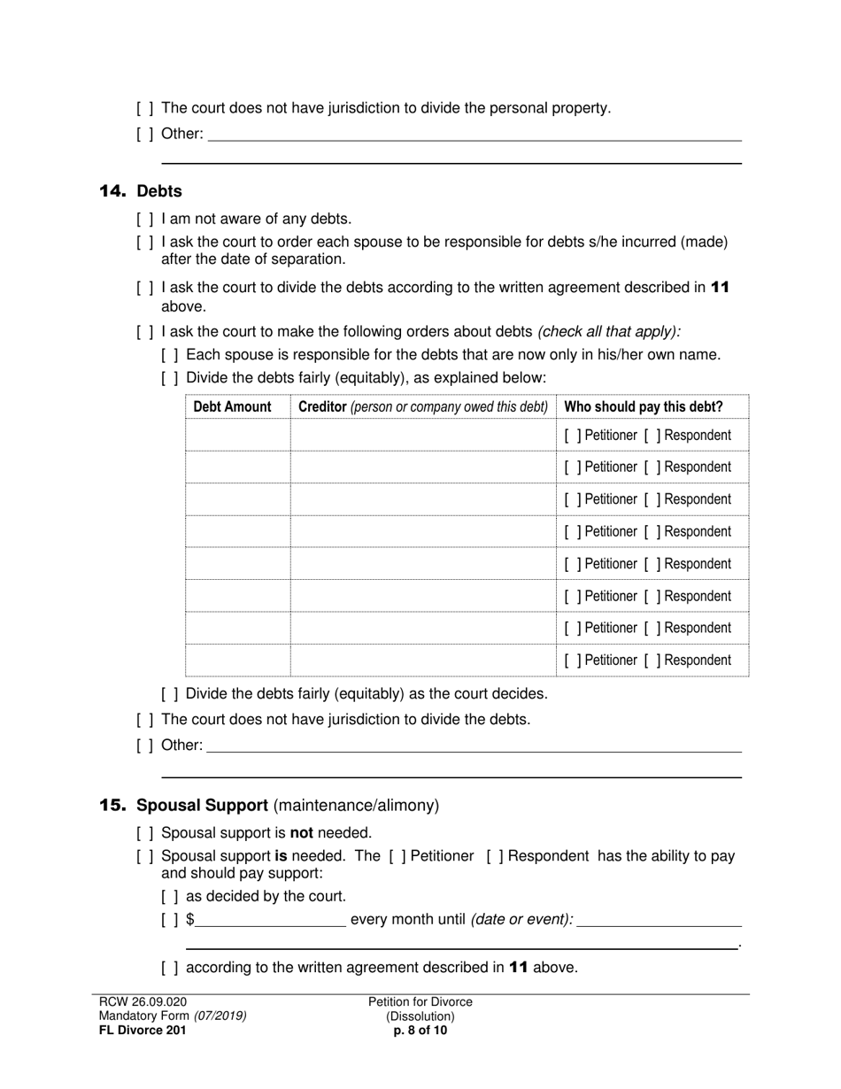 Form FL Divorce201 Petition for Divorce (Dissolution) - Washington, Page 8