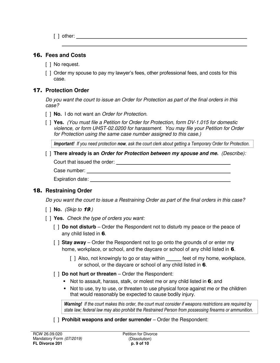 Form FL Divorce201 Petition for Divorce (Dissolution) - Washington, Page 9