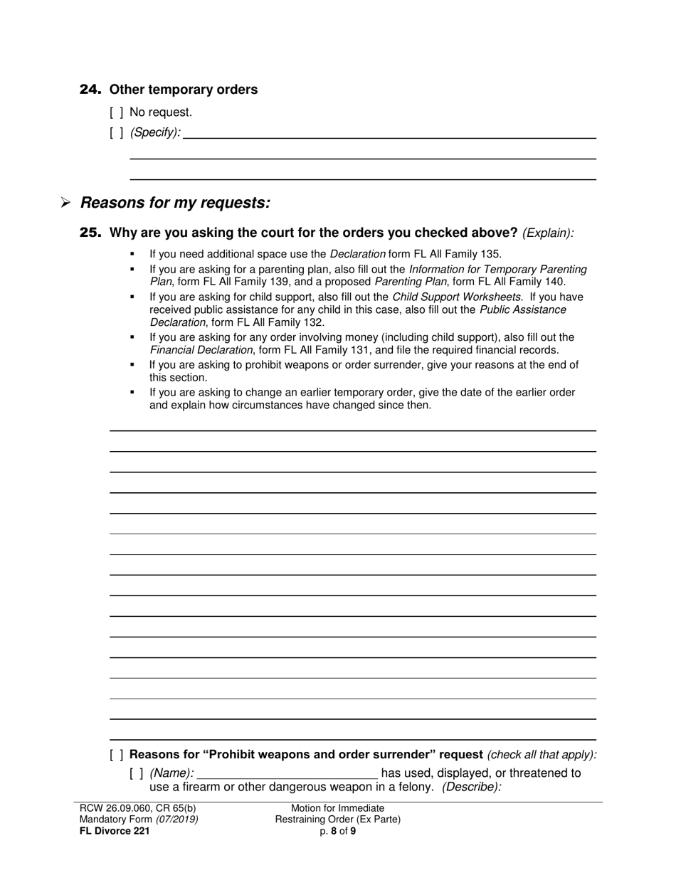 Form FL Divorce221 Motion for Immediate Restraining Order (Ex Parte) - Washington, Page 8