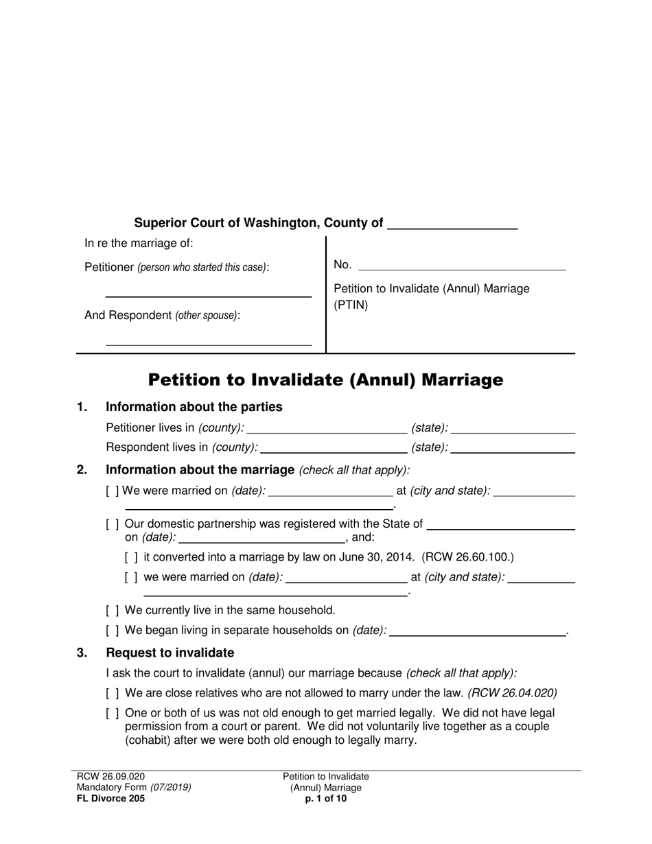 Form FL Divorce205 Petition to Invalidate (Annul) Marriage - Washington, Page 1