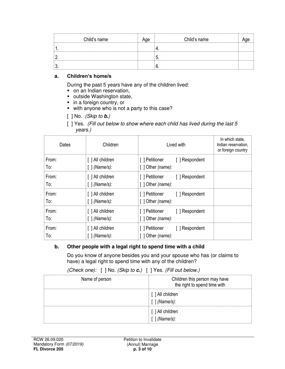 Form FL Divorce205 Petition to Invalidate (Annul) Marriage - Washington, Page 3