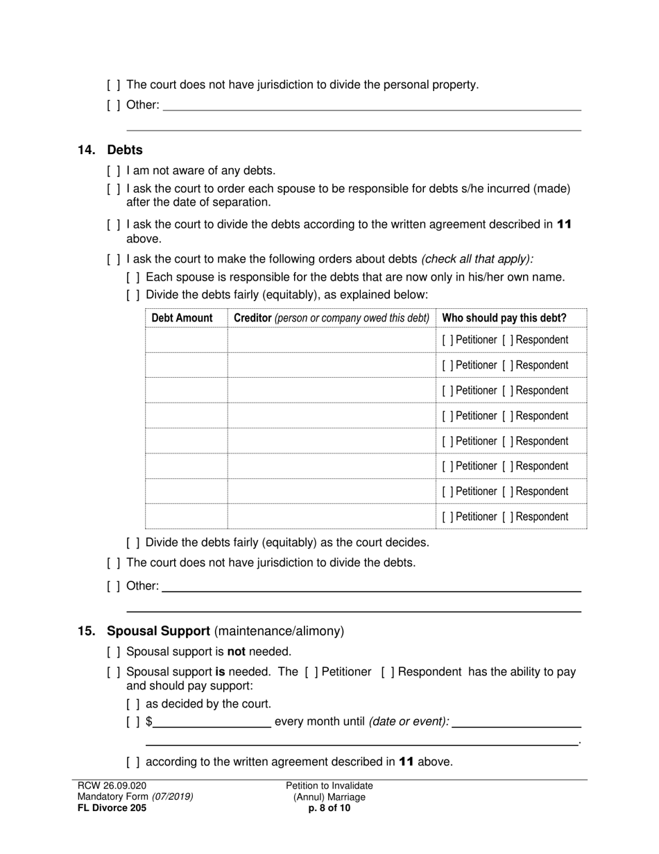 Form FL Divorce205 Petition to Invalidate (Annul) Marriage - Washington, Page 8