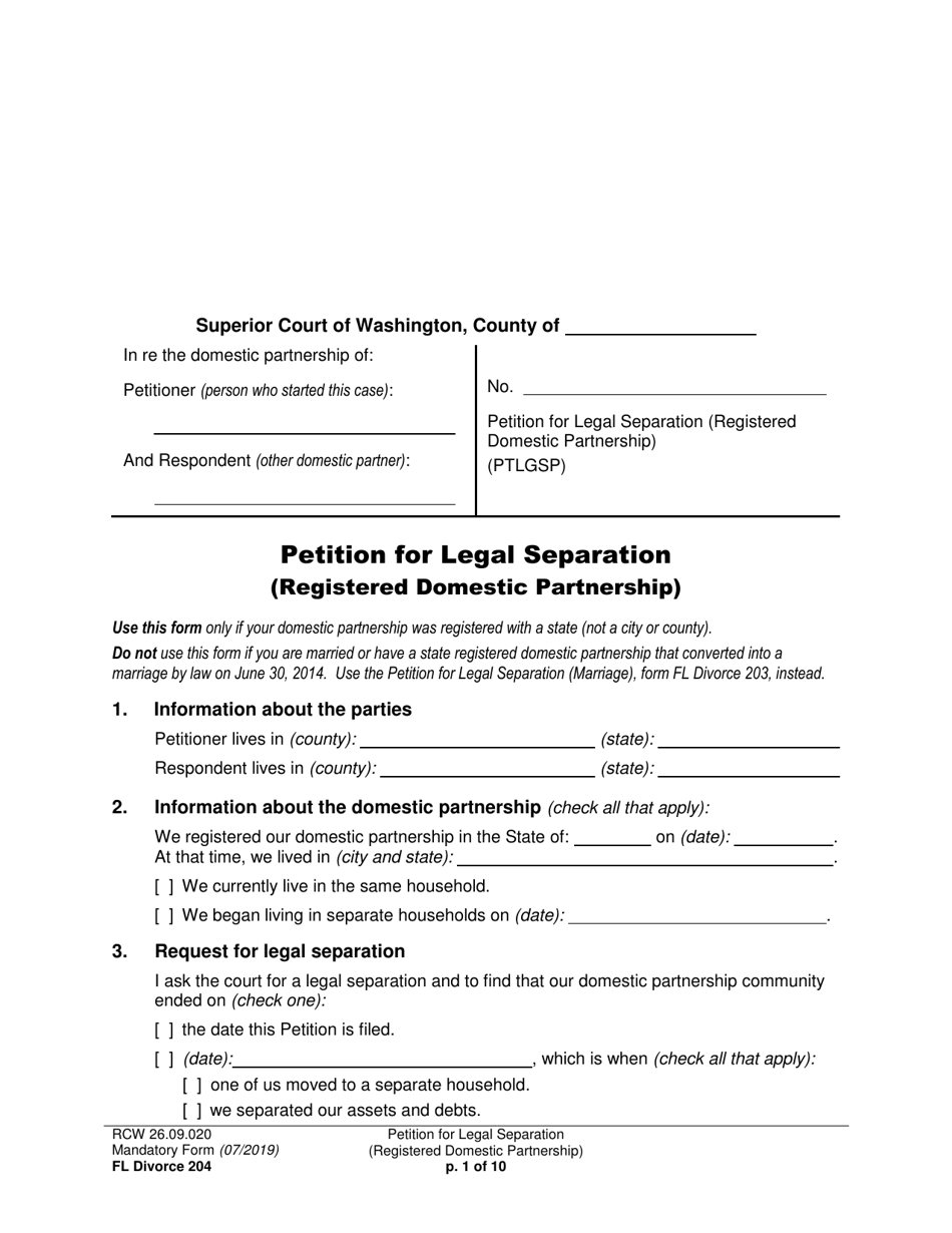 Form FL Divorce204 Petition for Legal Separation (Registered Domestic Partnership) - Washington, Page 1
