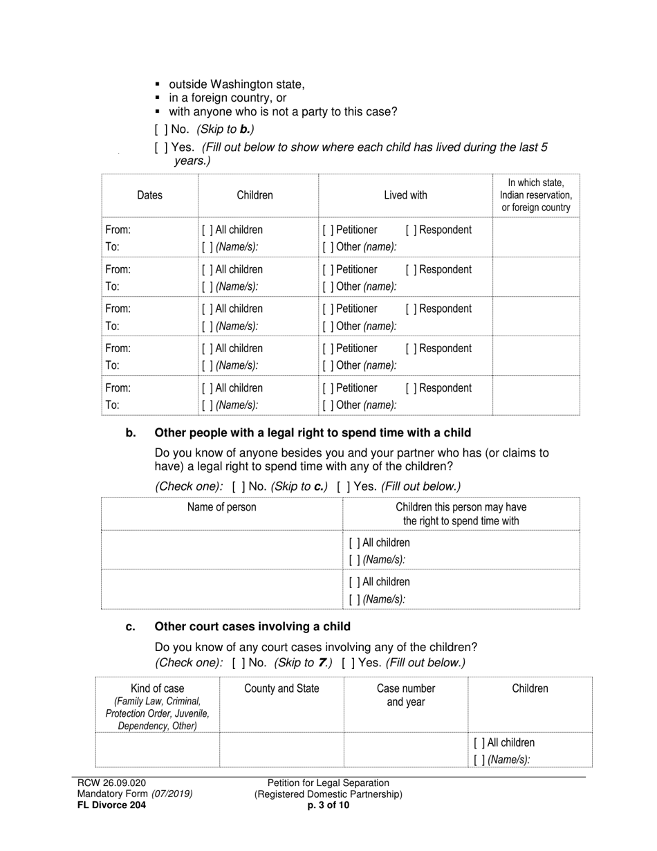 Form FL Divorce204 Petition for Legal Separation (Registered Domestic Partnership) - Washington, Page 3