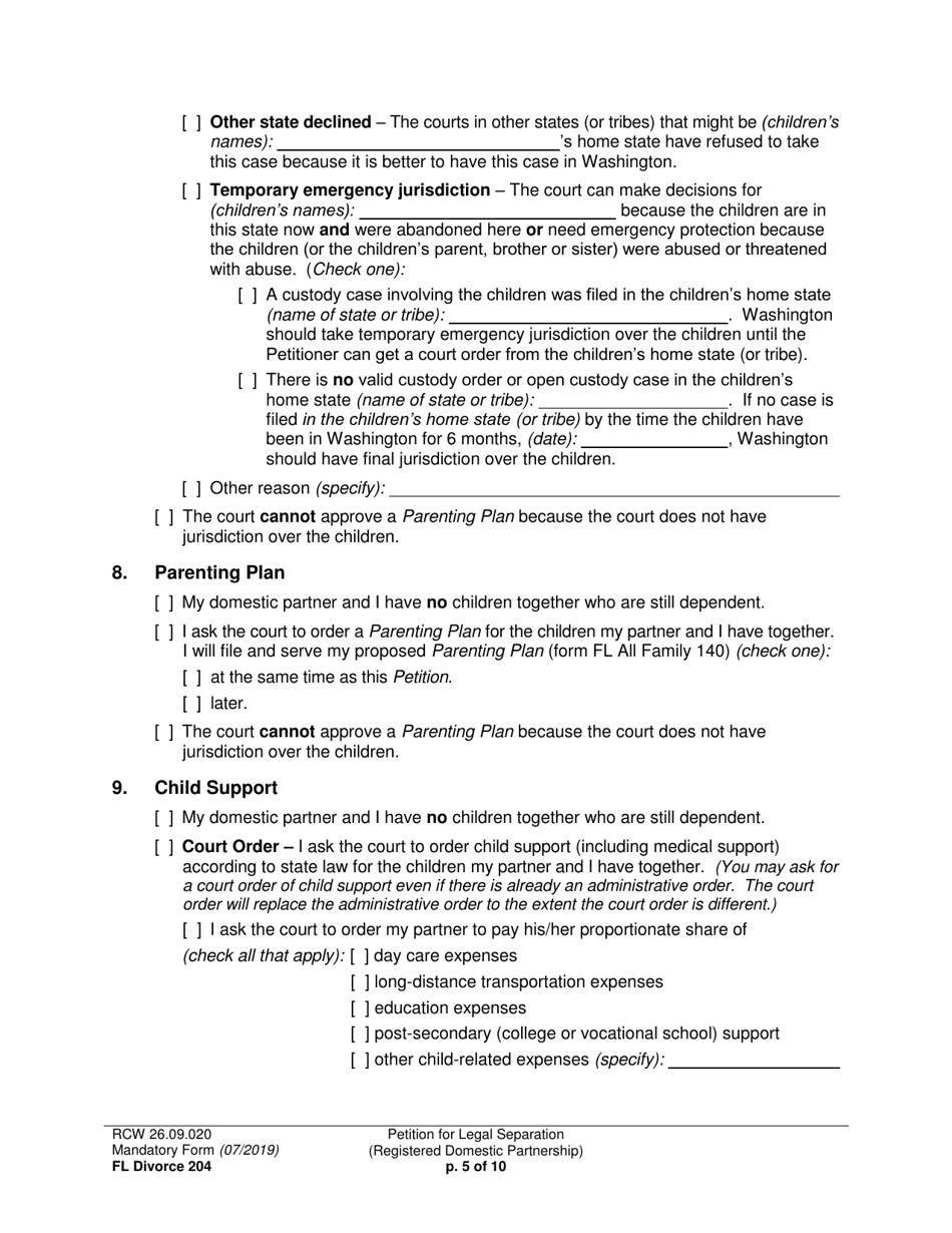 Form FL Divorce204 Petition for Legal Separation (Registered Domestic Partnership) - Washington, Page 5