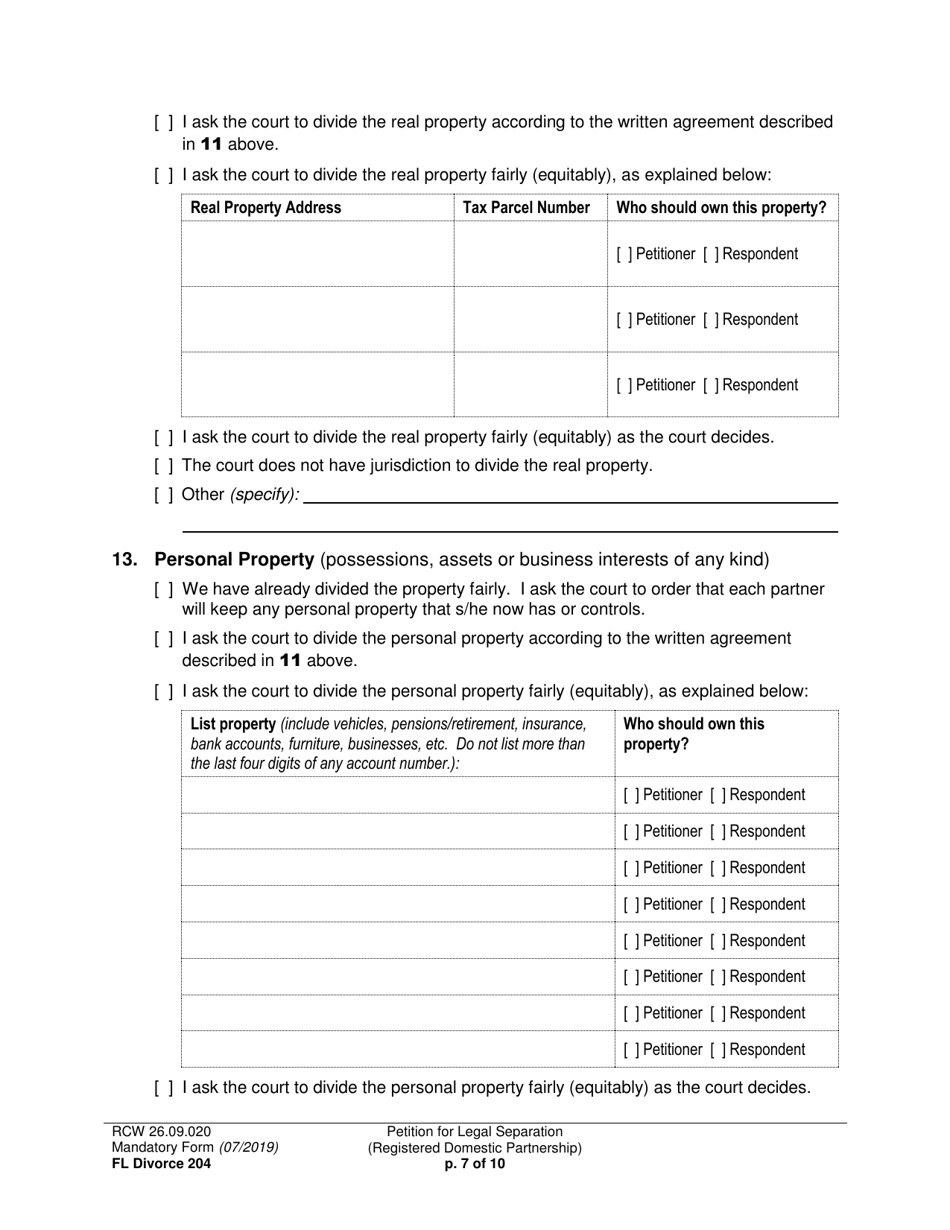 Form FL Divorce204 Petition for Legal Separation (Registered Domestic Partnership) - Washington, Page 7