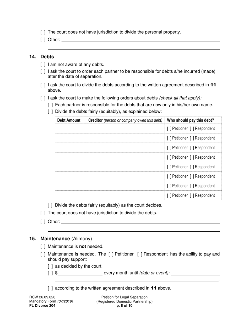 Form FL Divorce204 Petition for Legal Separation (Registered Domestic Partnership) - Washington, Page 8