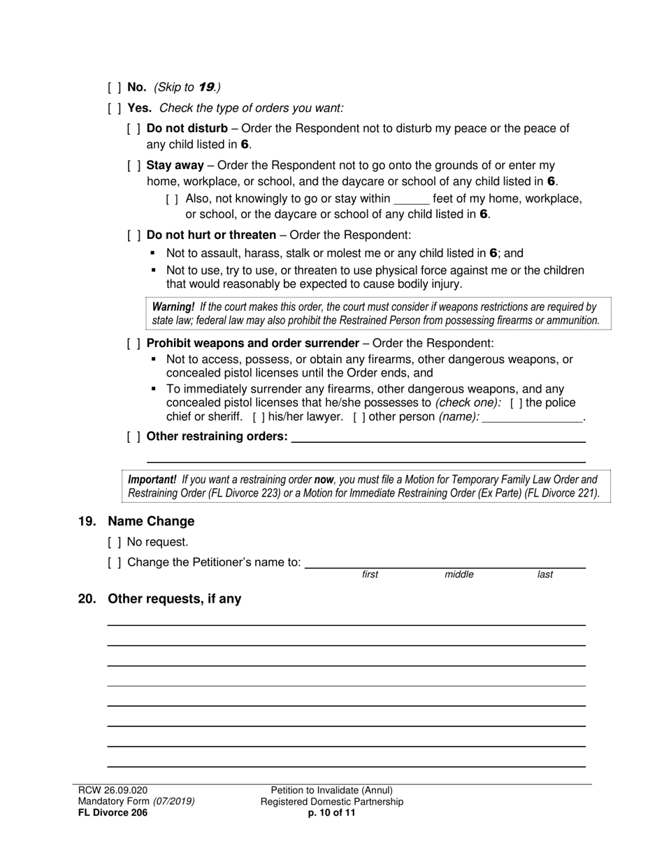 Form FL Divorce206 Petition to Invalidate (Annul) Registered Domestic Partnership - Washington, Page 10