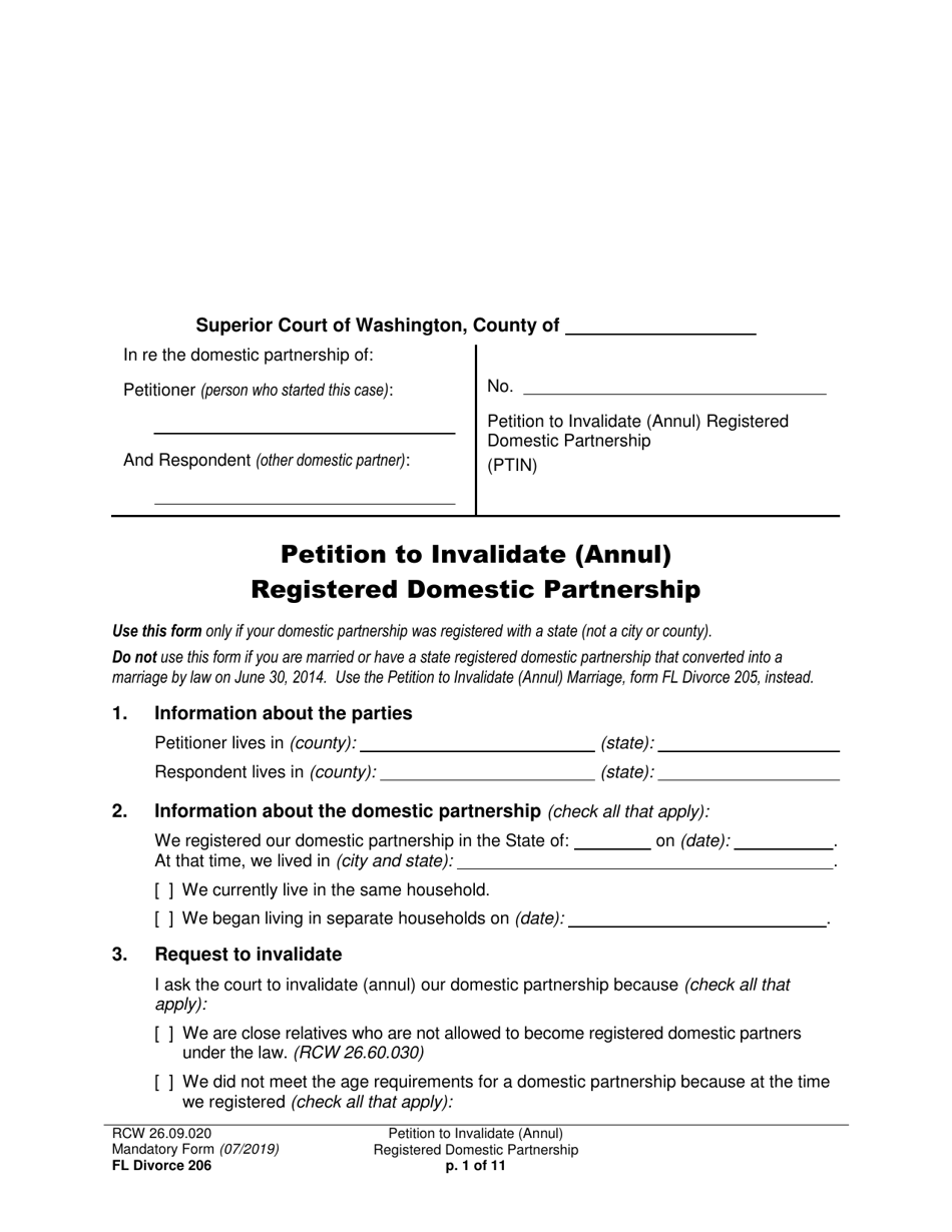 Form FL Divorce206 Petition to Invalidate (Annul) Registered Domestic Partnership - Washington, Page 1