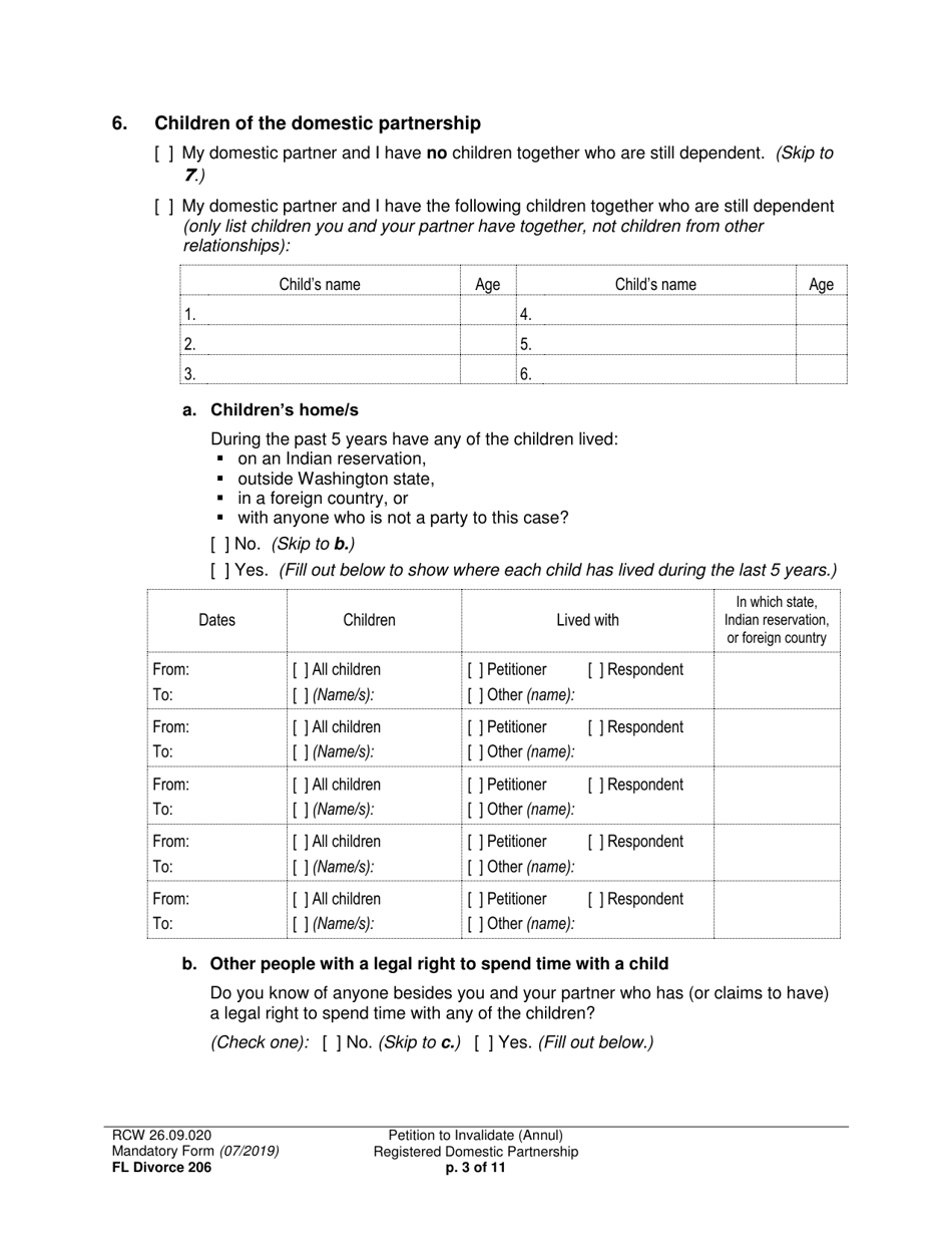 Form FL Divorce206 Petition to Invalidate (Annul) Registered Domestic Partnership - Washington, Page 3