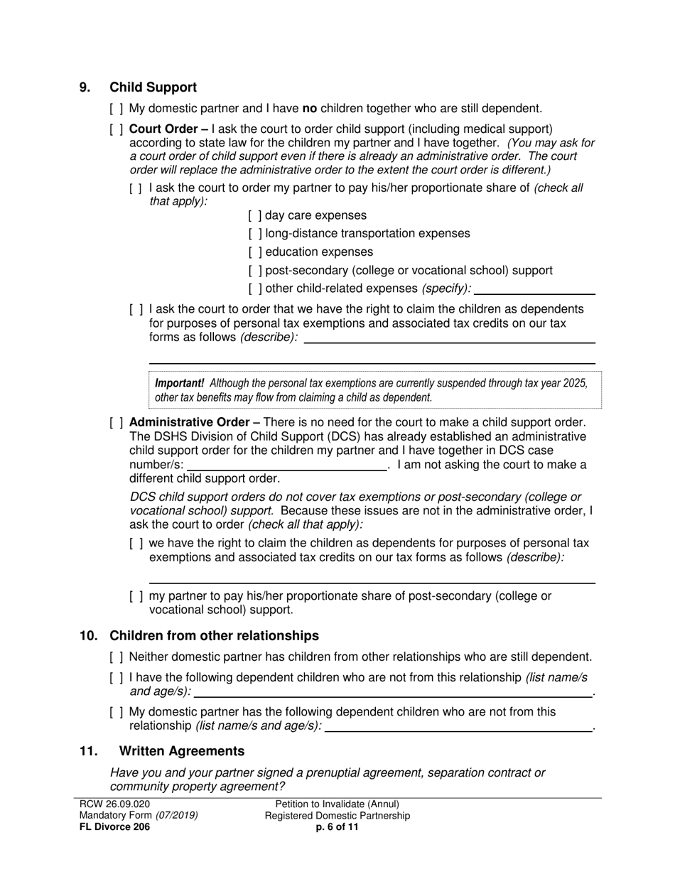 Form FL Divorce206 Petition to Invalidate (Annul) Registered Domestic Partnership - Washington, Page 6
