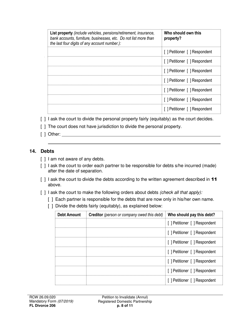Form FL Divorce206 Petition to Invalidate (Annul) Registered Domestic Partnership - Washington, Page 8