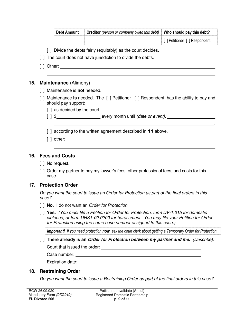 Form FL Divorce206 Petition to Invalidate (Annul) Registered Domestic Partnership - Washington, Page 9