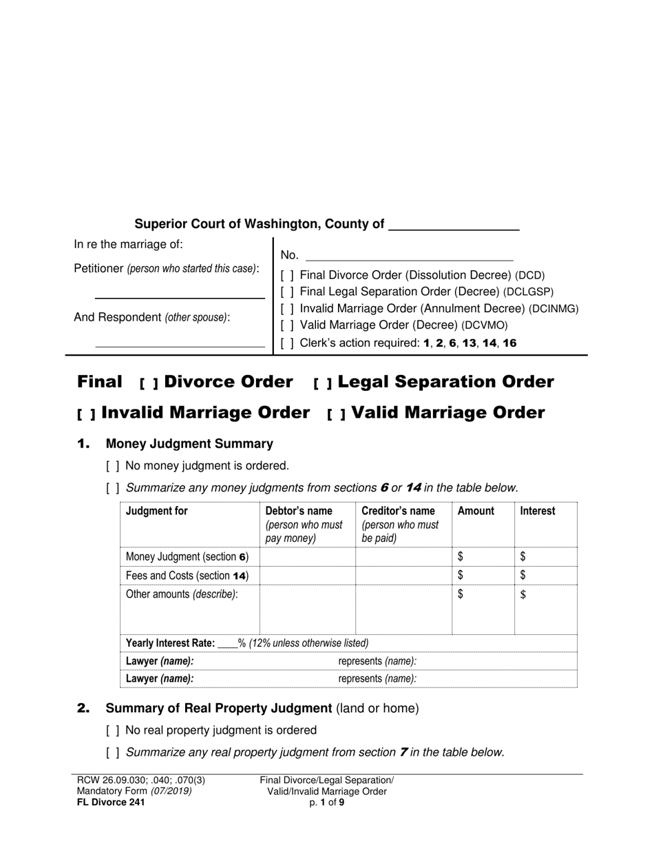 Form FL Divorce241 Final Divorce Order (Dissolution Decree) / Legal Separation Order (Decree) / Invalid Marriage Order (Annulment Decree) / Valid Marriage Order (Decree) - Washington, Page 1
