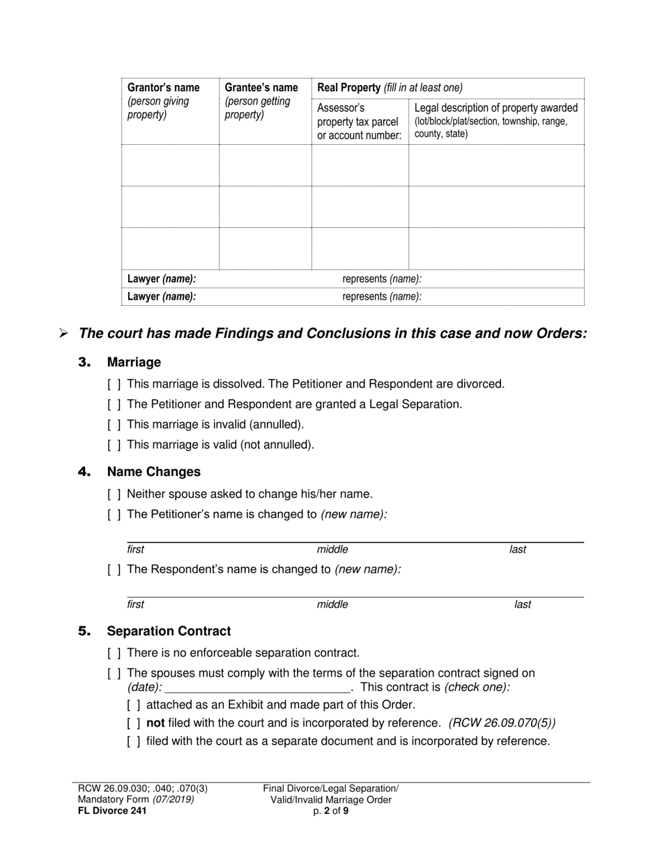 Form FL Divorce241 Final Divorce Order (Dissolution Decree) / Legal Separation Order (Decree) / Invalid Marriage Order (Annulment Decree) / Valid Marriage Order (Decree) - Washington, Page 2