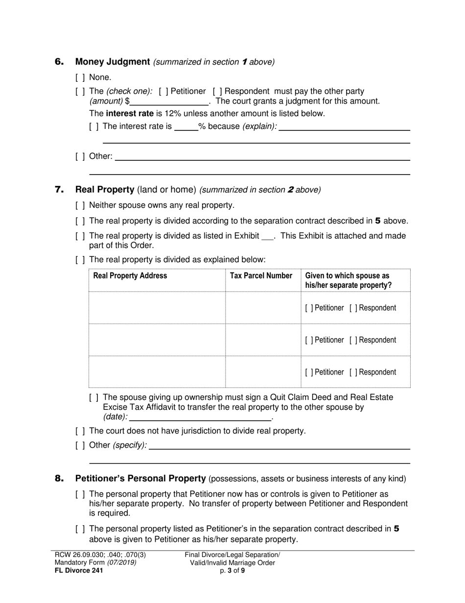 Form FL Divorce241 Final Divorce Order (Dissolution Decree) / Legal Separation Order (Decree) / Invalid Marriage Order (Annulment Decree) / Valid Marriage Order (Decree) - Washington, Page 3