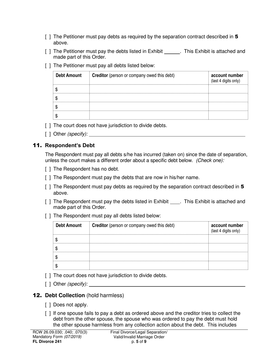 Form FL Divorce241 Final Divorce Order (Dissolution Decree) / Legal Separation Order (Decree) / Invalid Marriage Order (Annulment Decree) / Valid Marriage Order (Decree) - Washington, Page 5