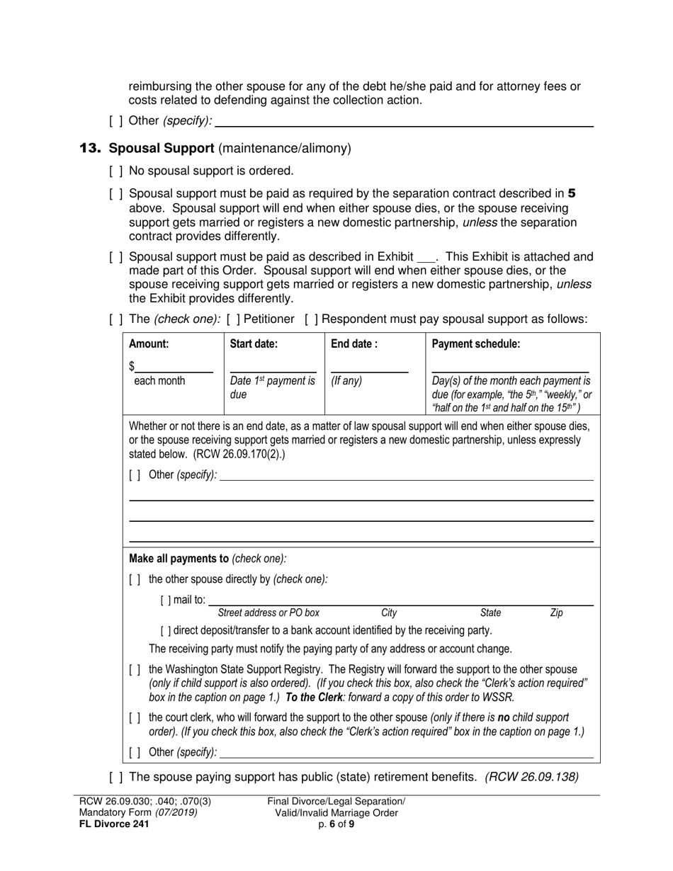 Form FL Divorce241 Final Divorce Order (Dissolution Decree) / Legal Separation Order (Decree) / Invalid Marriage Order (Annulment Decree) / Valid Marriage Order (Decree) - Washington, Page 6