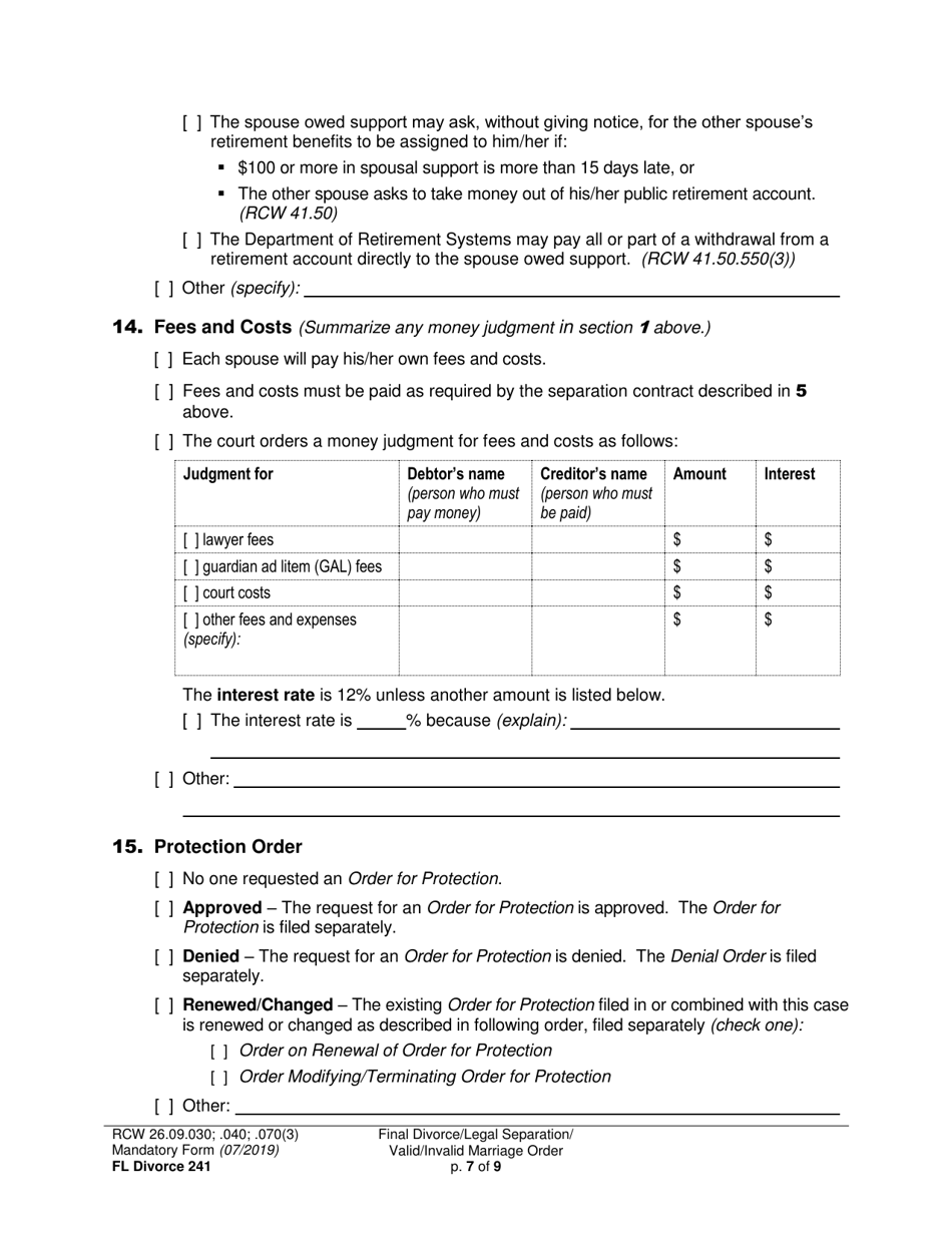 Form FL Divorce241 Final Divorce Order (Dissolution Decree) / Legal Separation Order (Decree) / Invalid Marriage Order (Annulment Decree) / Valid Marriage Order (Decree) - Washington, Page 7