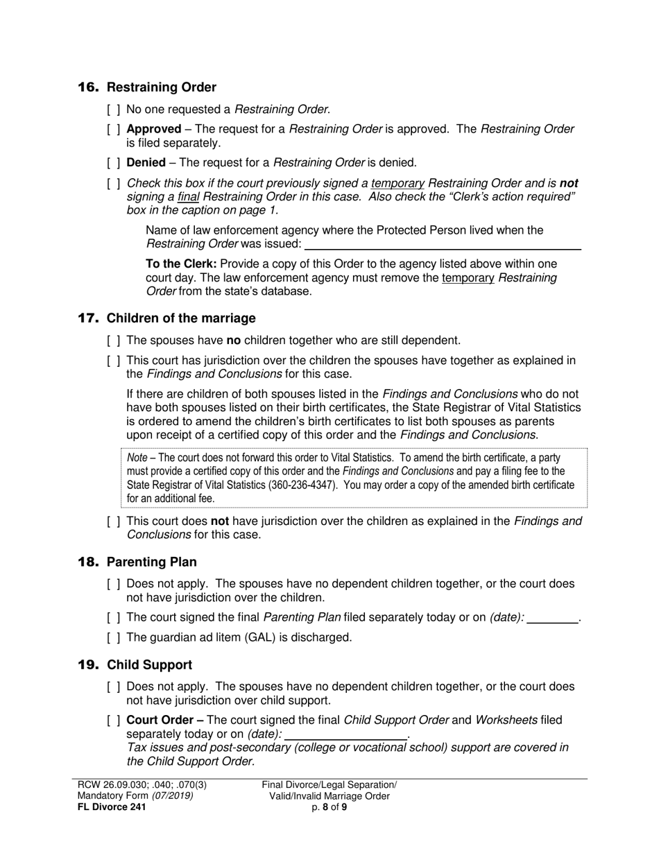 Form FL Divorce241 Final Divorce Order (Dissolution Decree) / Legal Separation Order (Decree) / Invalid Marriage Order (Annulment Decree) / Valid Marriage Order (Decree) - Washington, Page 8