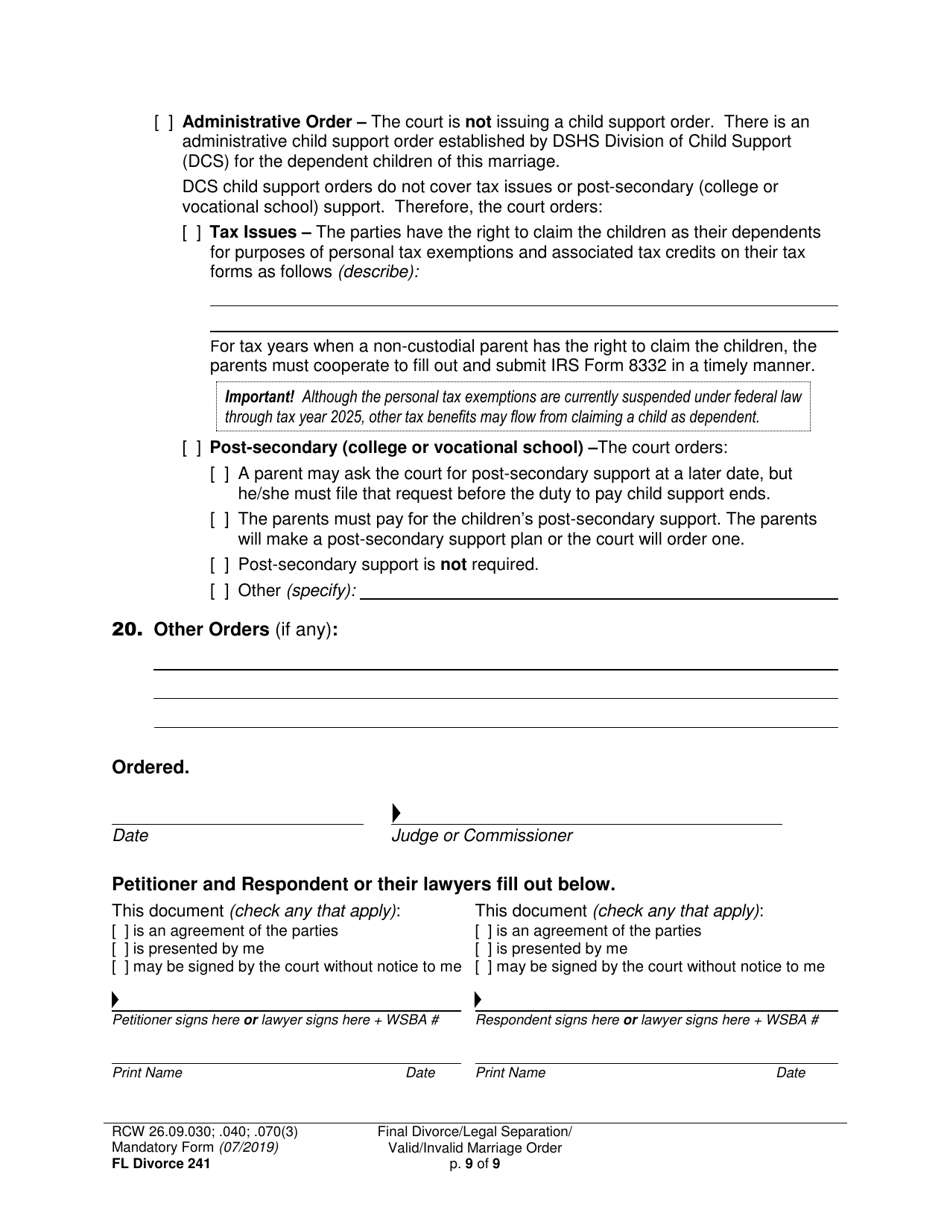 Form FL Divorce241 Final Divorce Order (Dissolution Decree) / Legal Separation Order (Decree) / Invalid Marriage Order (Annulment Decree) / Valid Marriage Order (Decree) - Washington, Page 9